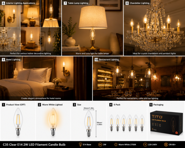 C35 Clear E14 2W LED Filament Candle Bulb Applications and Features C35 Clear E14 2W LED Filament Candle Bulb Product Overview and Applications