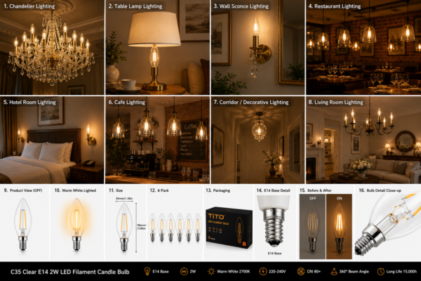 C35 Clear E14 2W LED Filament Candle Bulb Product Overview C35 Clear E14 2W LED Filament Candle Bulb Features and Lighting Applications