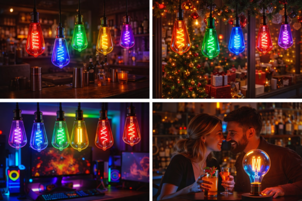The ST64 Retro LED Bulb features colored lights, including a filament and Edison's creative red, yellow, blue, green, and pink colors.