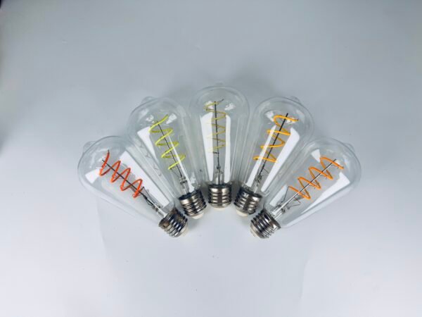 The ST64 Retro LED Bulb features colored lights, including a filament and Edison's creative red, yellow, blue, green, and pink colors.