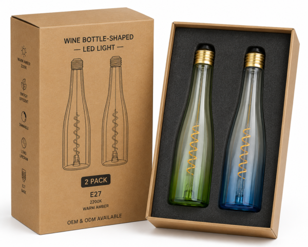 2 Pack Wine Bottle LED Filament Light Packaging with Foam Insert