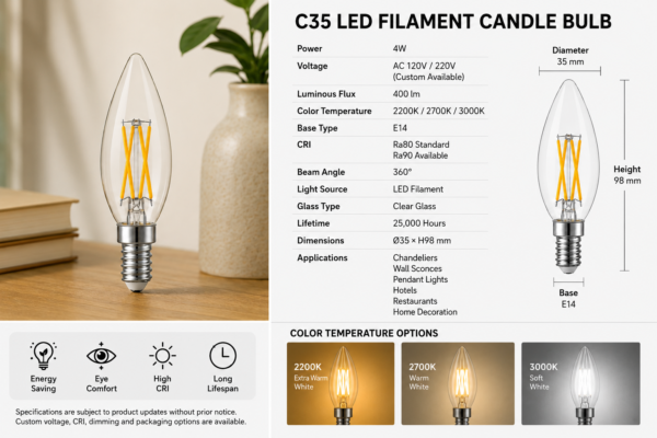 C35 Clear LED Filament Candle Bulb 4W C35 Clear LED Filament Candle Bulb 4W E14 Clear Glass