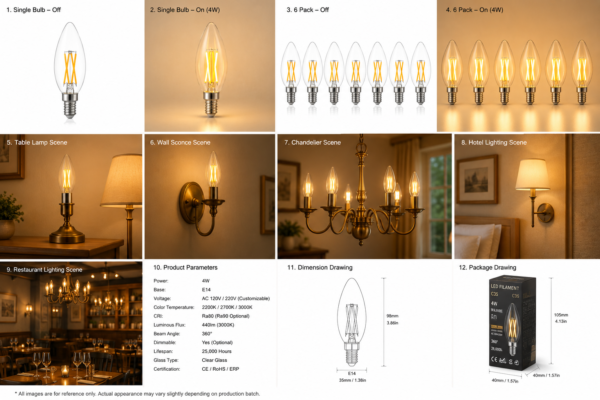 C35 Clear LED Filament Candle Bulb 4W C35 Clear LED Filament Candle Bulb 4W E14 Clear Glass