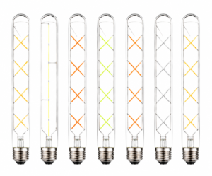 LED filament tube bulb white background product lineup E27 decorative vintage style LED bulbs isolated product display