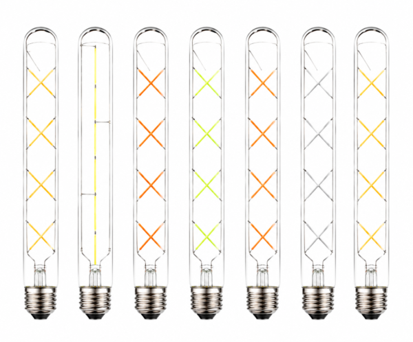 LED filament tube bulb white background product lineup E27 decorative vintage style LED bulbs isolated product display