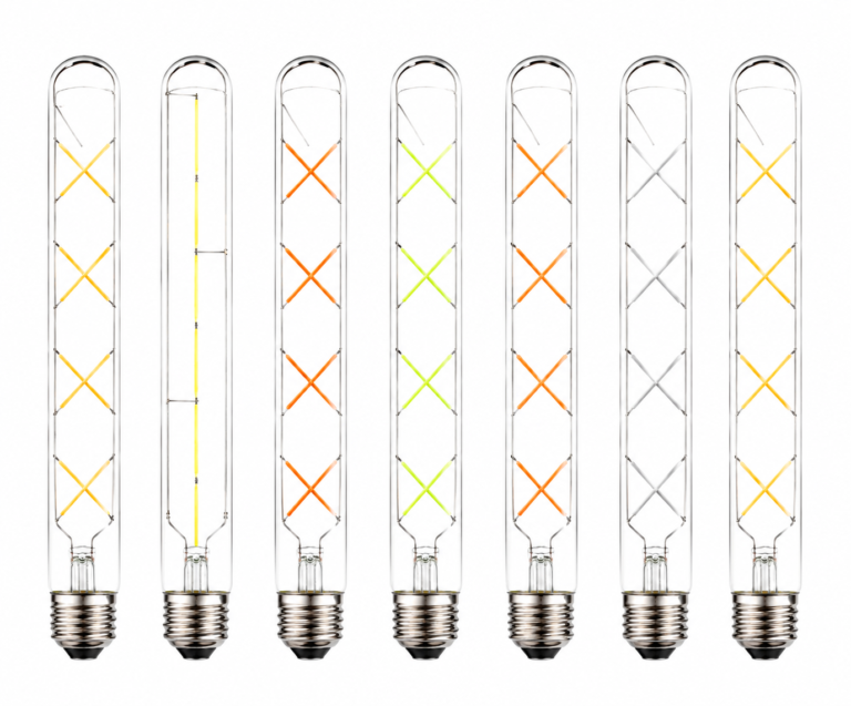 LED filament tube bulb white background product lineup E27 decorative vintage style LED bulbs isolated product display