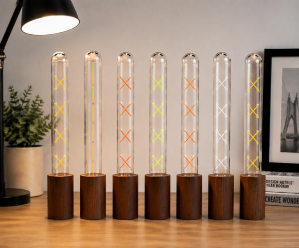 LED filament tube bulbs warm ambient lighting interior display on wooden table hotel restaurant decorative lighting lifestyle scene