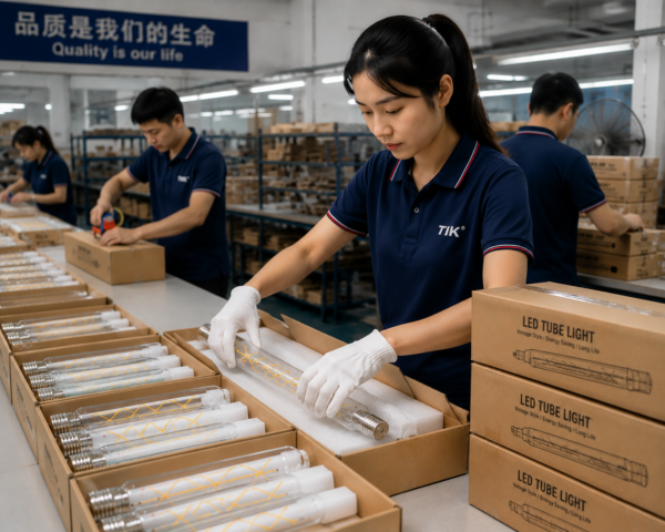LED bulb factory packing assembly line workers packaging LED filament bulbs carton box wholesale manufacturer production process