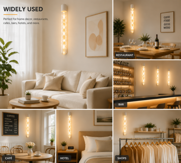 LED wall light warm ambient lighting lifestyle collage hotel restaurant bedroom living room interior decorative lighting application scenes