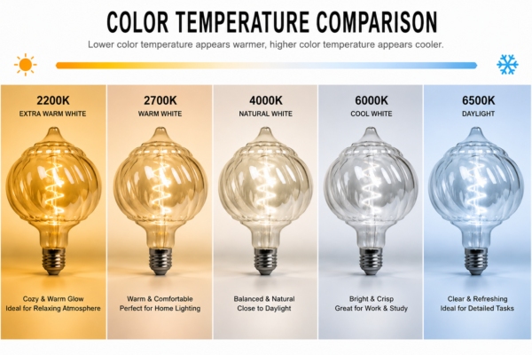 LED Filament Bulb Color Temperature Comparison Chart 2200K–6500K LED filament bulb color temperature comparison chart showing 2200K, 2700K, 3000K, 4000K and 6500K lighting for decorative applications