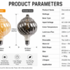 Unique Shape LED Filament Bulb Technical Specifications and Product Parameters Unique shape LED filament bulb product specification sheet with technical parameters, amber and smoke grey glass decorative lighting