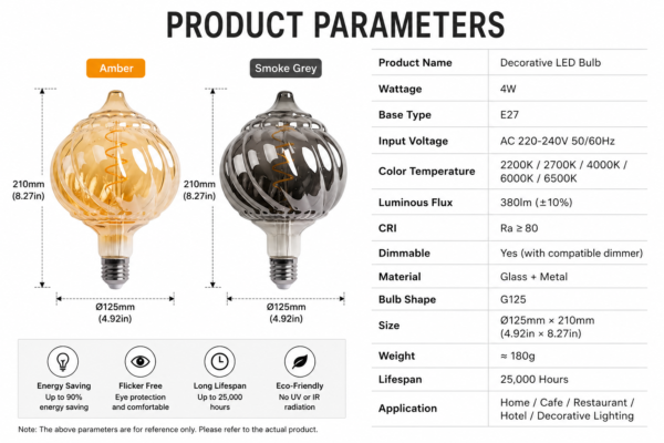 Unique Shape LED Filament Bulb Technical Specifications and Product Parameters Unique shape LED filament bulb product specification sheet with technical parameters, amber and smoke grey glass decorative lighting