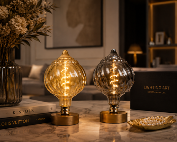 Unique Shape LED Filament Bulbs in Modern Interior Decorative Lighting Scene Unique shape LED filament bulbs in amber and smoke grey displayed in a modern interior setting for decorative ambient lighting