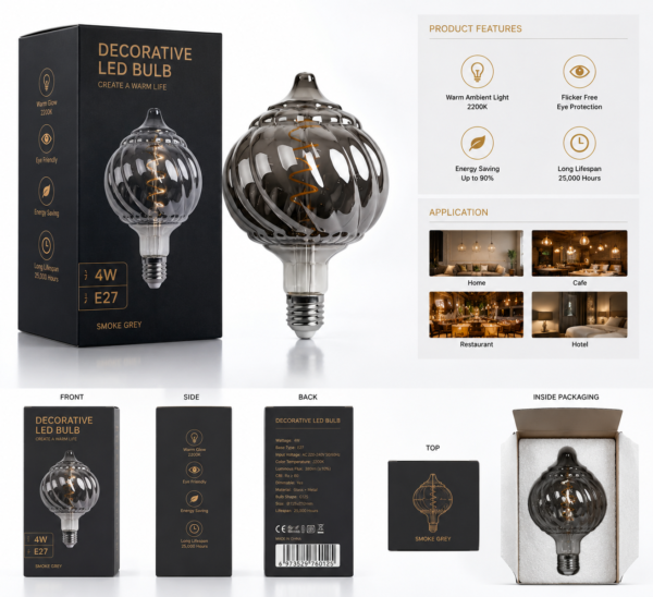 Unique Shape LED Filament Bulb Packaging and OEM Branding Display Unique shape LED filament bulb packaging display with retail box, product presentation and OEM branding for wholesale decorative lighting