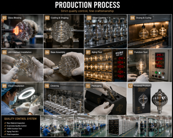 LED Filament Bulb Production Process and Quality Control Workflow LED filament bulb production process showing manufacturing, assembly, quality inspection, aging test and OEM factory workflow