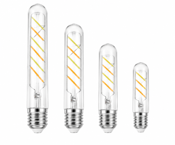 ：E26/E27 LED filament bulb close-up detail shot showing vintage Edison filament structure multi-angle product display