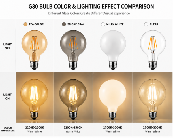 G80 LED bulbs color and lighting effect comparison showing tea color smoke gray milky white and clear glass warm light performance for decorative lighting