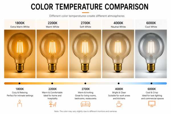 G95 LED Filament Bulb Color Temperature Comparison 1800K 2200K 2700K 4000K 6000K