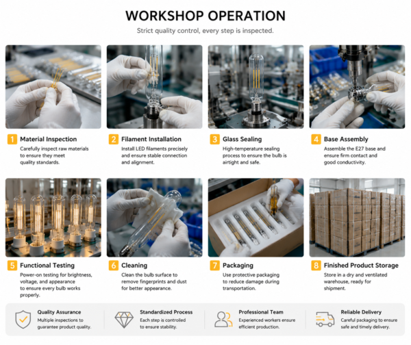 E27 LED filament bulb factory production line quality control inspection assembly packaging workshop manufacturing process
