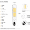 E27 LED filament bulb technical specification chart 4W E27 base 360 degree beam angle size power voltage datasheet