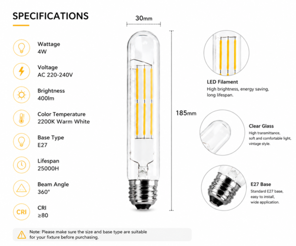 E27 LED filament bulb technical specification chart 4W E27 base 360 degree beam angle size power voltage datasheet
