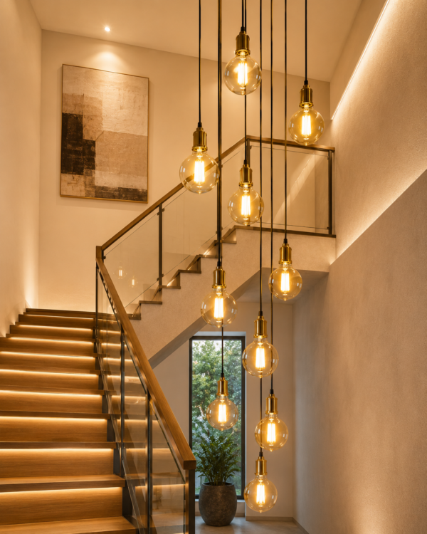 G95 LED Filament Bulbs Used in Luxury Stairwell Pendant Lighting