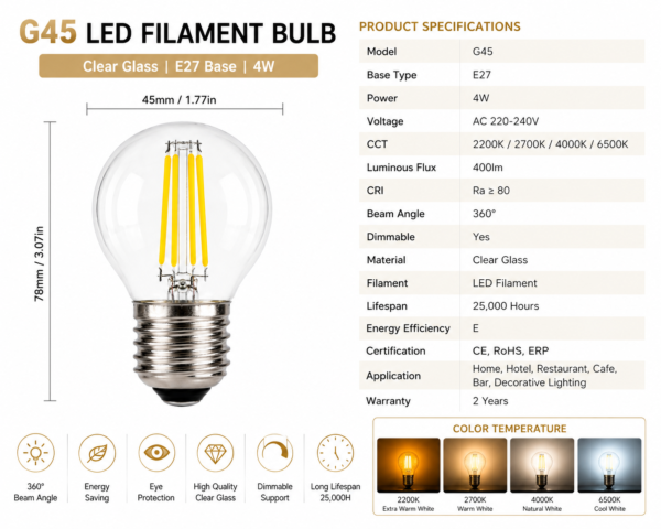 G45 LED Filament Bulb Specifications E27 Decorative Globe Lamp Technical Data