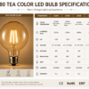 G80 amber LED bulb specification chart showing technical parameters including lumen wattage CRI voltage and E27 base for decorative lighting applications