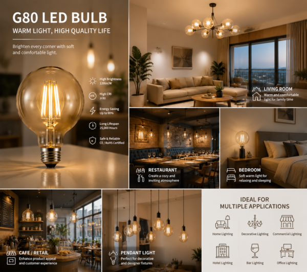 G80 LED bulb warm white decorative lighting in modern living room hotel restaurant and café interior lighting application scenes