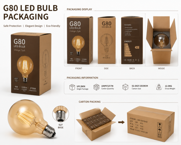 G80 LED bulb packaging mockup showing retail box design carton packing and product presentation for wholesale and OEM lighting supply