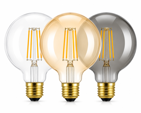 G95 LED Filament Bulb Collection in Clear Amber and Smoke Gray Glass