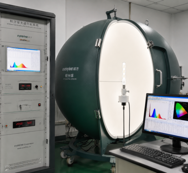 LED filament bulb integrating sphere test results showing spectral measurement and color performance analysis equipment