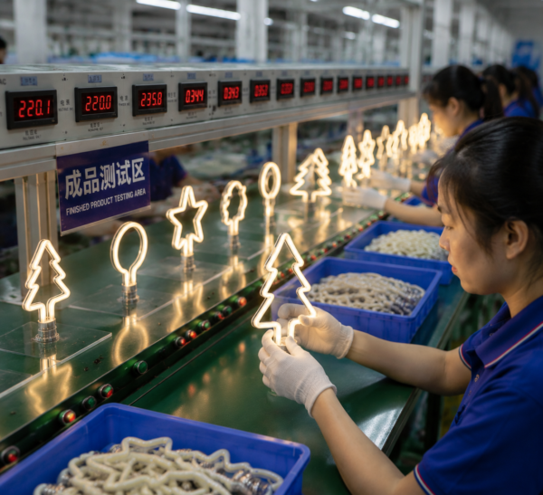LED bulb manual inspection workshop testing process with workers checking filament bulbs on production line