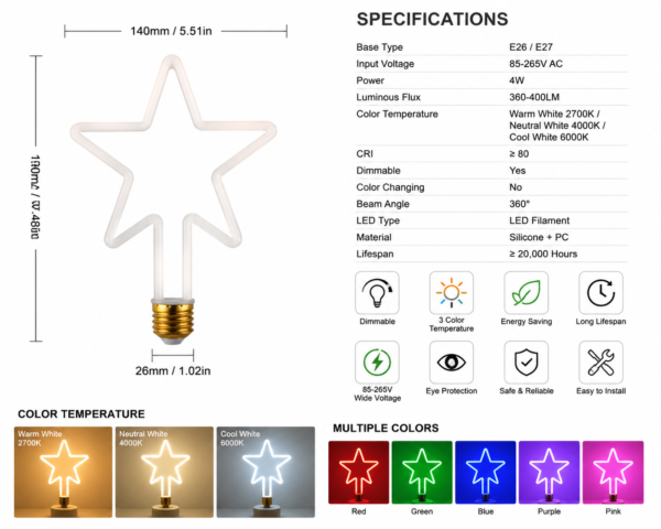 LED filament bulb color temperature comparison chart showing warm white neutral white and cool white lighting options