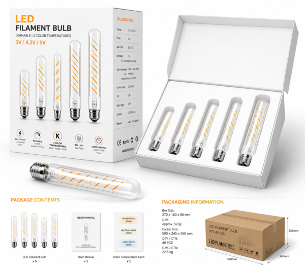 E26/E27 LED filament bulb packaging box OEM display set showing retail box design and product presentation kit