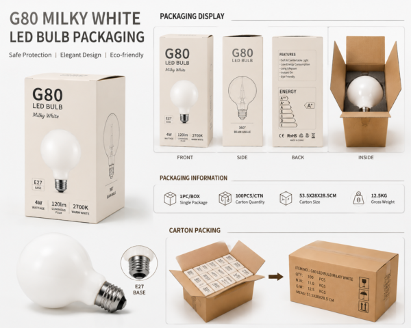 G80 LED bulb product design and packaging guidelines showing box design specifications carton packing standards and OEM manufacturing process for wholesale lighting