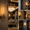E26/E27 LED filament bulb residential lighting application scenarios showing warm ambient interior wall lamp chandelier table lamp usage