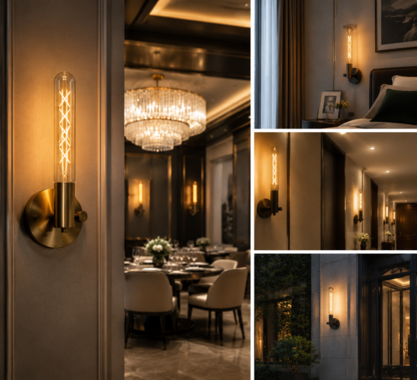 E26/E27 LED filament bulb residential lighting application scenarios showing warm ambient interior wall lamp chandelier table lamp usage