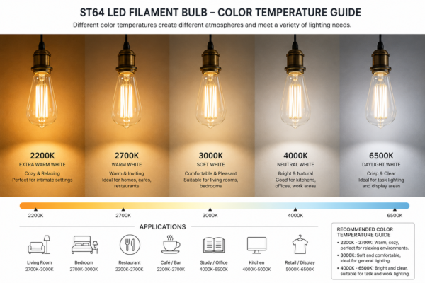 ST64 LED Filament Bulb Color Temperature Guide 2200K 2700K 3000K 4000K 6500K