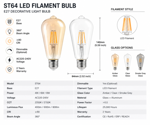 ST64 LED Filament Bulb Specifications E27 Decorative Edison Lamp Technical Data