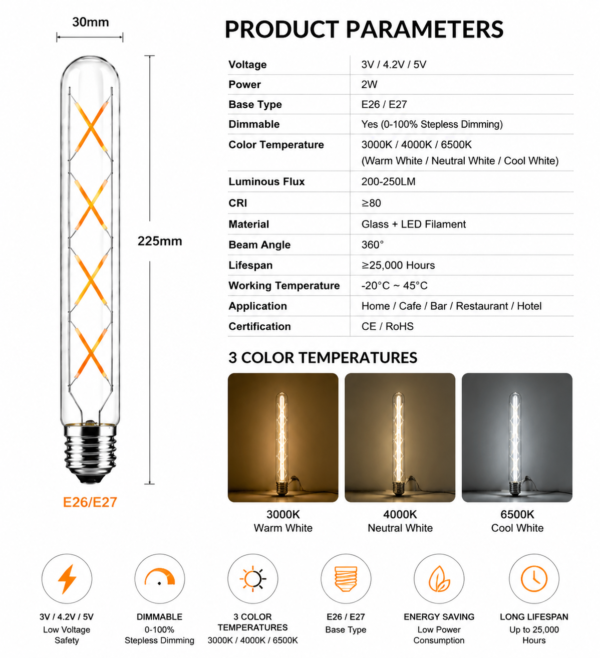 E26/E27 LED filament bulb technical specification sheet showing parameters voltage dimming color temperature and beam angle