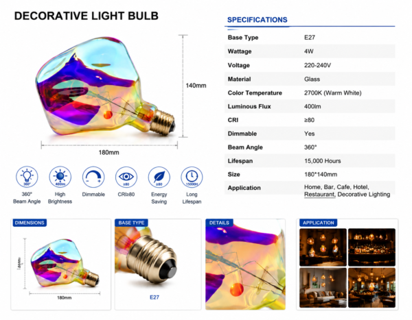 Rainbow Iridescent Decorative LED Bulb Specifications
