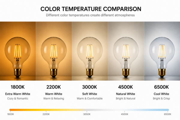 G125 LED bulb color temperature comparison chart 1800K 2200K 3000K 4500K 6500K showing warm to cool white lighting effects