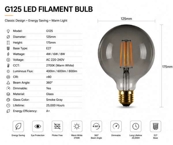 G125 LED bulb E27 2700K specification technical data sheet showing wattage lumen CRI voltage and dimensions for decorative globe lighting