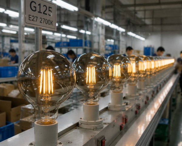 G125 LED bulb factory production line showing globe filament bulbs manufacturing process for wholesale OEM supplier quality control assembly line