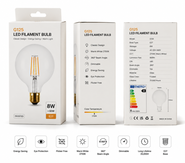 G125 LED bulb packaging box design OEM export carton packaging showing retail box and shipping carton for wholesale lighting products