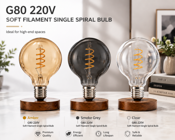 G80 220V soft filament single spiral LED bulb amber smoke grey clear glass decorative lighting product display