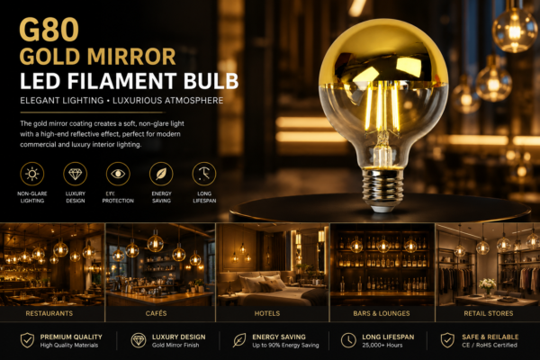 G80 Gold Mirror LED Bulb Commercial Display G80 Gold Mirror LED Filament Bulb Commercial Display Showcase