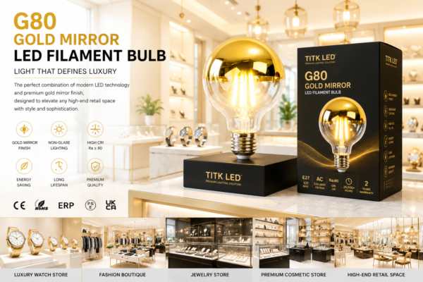 G80 Gold Mirror LED Bulb Luxury Retail Display G80 Gold Mirror LED Filament Bulb Luxury Retail Display Showcase