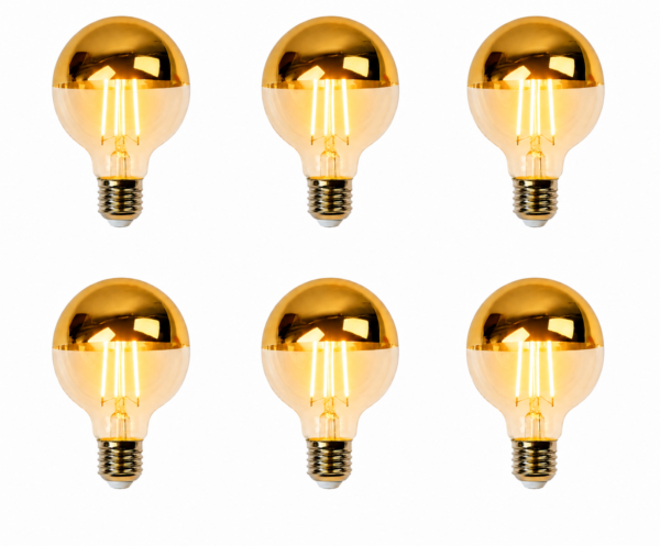 G80 Gold Mirror LED Filament Bulb 6PCS Lighting Effect Six G80 Gold Mirror LED Filament Bulbs Lighting Effect Group Display on White Background